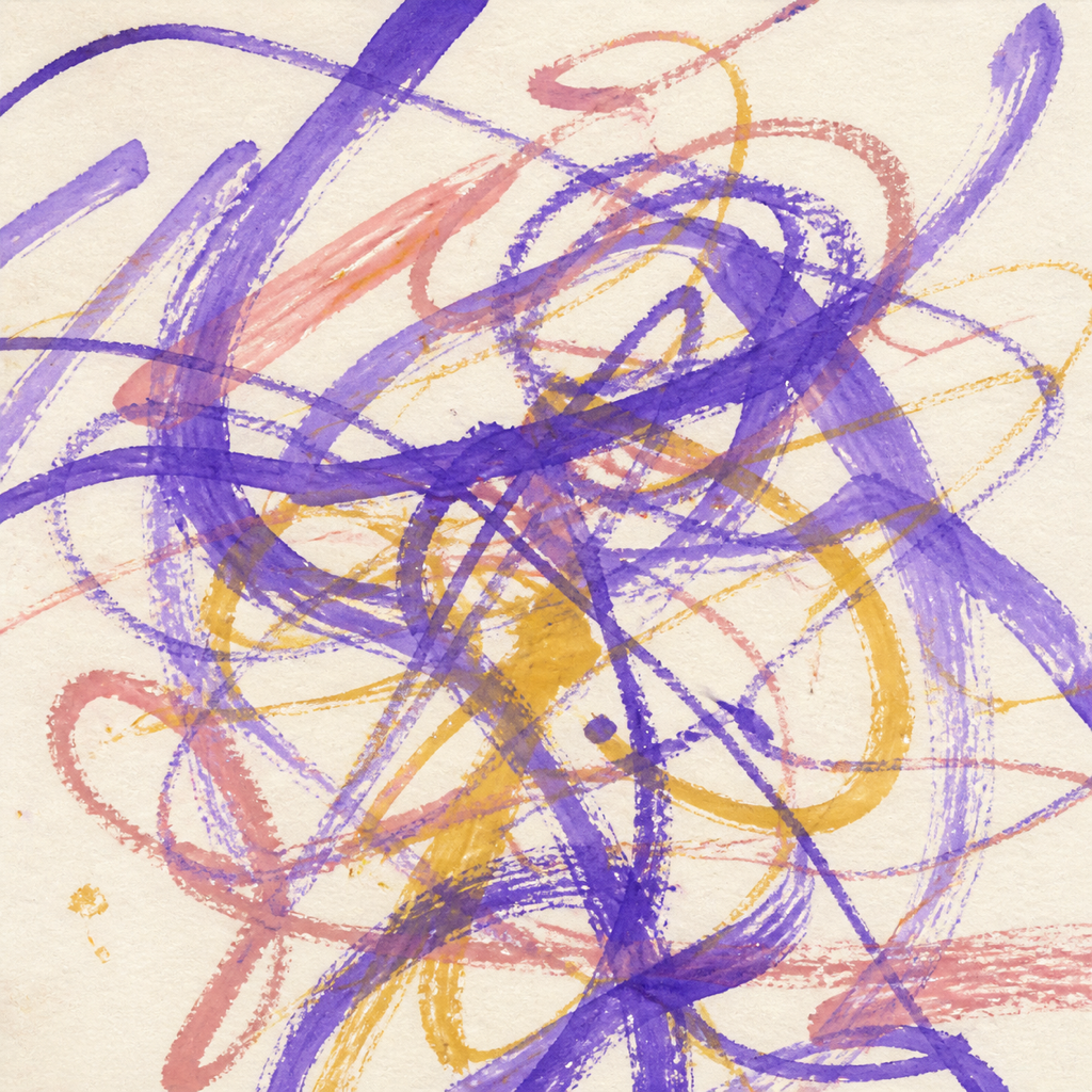 Kraftvolle violette, rosafarbene und ockerfarbene Kleinkind-Kritzel auf cremefarbenem Papier